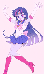 Size: 768x1280 | Tagged: safe, artist:rollyagami02, twilight sparkle, human, equestria girls, g4, boots, clothes, female, gloves, high heel boots, jewelry, pink background, sailor moon (series), sailor senshi, sailor twilight, sailor uniform, shirt, shoes, simple background, skirt, solo, tiara, uniform