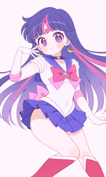 Size: 768x1280 | Tagged: safe, ai content, artist:rollyagami02, twilight sparkle, human, equestria girls, g4, boots, clothes, female, gloves, high heel boots, jewelry, pink background, sailor moon (series), sailor senshi, sailor twilight, sailor uniform, shirt, shoes, simple background, skirt, solo, tiara, uniform