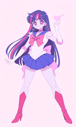 Size: 768x1280 | Tagged: safe, artist:rollyagami02, twilight sparkle, human, equestria girls, g4, boots, clothes, female, gloves, high heel boots, jewelry, pink background, sailor moon (series), sailor senshi, sailor twilight, sailor uniform, shirt, shoes, simple background, skirt, solo, tiara, uniform