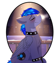 Size: 4000x4500 | Tagged: safe, artist:decemberbreeze, oc, oc only, oc:proffy floyd, bat pony, hybrid, pegabat, pegasus, pony, chest fluff, choker, outdoors, snow, snowfall, solo, spiked choker