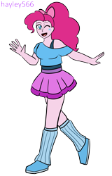 Size: 1527x2392 | Tagged: safe, artist:hayley566, pinkie pie, human, equestria girls, g4, 80s hair, alternate hairstyle, bow, bra, bra strap, chubby, clothes, commission, cute, diapinkes, face paint, female, hair bow, leg warmers, one eye closed, open mouth, shirt, shoes, simple background, skirt, sneakers, solo, t-shirt, transparent background, underwear, wink