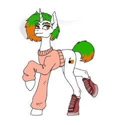 Size: 788x844 | Tagged: safe, alternate version, artist:jehr, oc, oc only, oc:orange music, pony, unicorn, bobcut, boots, cigarette, cigarette smoke, clothes, eyelashes, green hair, horn, lanky, long ears, long horn, long legs, long neck, raised hoof, shoes, short hair, short tail, shrunken pupils, simple background, skinny, smiling, smoke, smoking, solo, sweater, tail, tall, thin, trade, walking, white background, white body