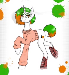 Size: 788x844 | Tagged: safe, alternate version, artist:jehr, oc, oc only, oc:orange music, pony, unicorn, bobcut, boots, cigarette, cigarette smoke, clothes, eyelashes, green hair, horn, lanky, long ears, long horn, long legs, long neck, paint stains, raised hoof, shoes, short hair, short tail, shrunken pupils, skinny, smiling, smoke, smoking, solo, sweater, tail, tall, thin, trade, walking, white body