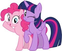 Size: 749x612 | Tagged: safe, artist:zslnews, pinkie pie, twilight sparkle, alicorn, earth pony, pony, g4, cute, diapinkes, duo, duo female, female, looking at you, mare, one eye closed, open mouth, raised hoof, simple background, transparent background, twiabetes, twilight sparkle (alicorn), vector, wink, winking at you