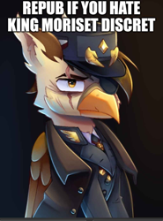 Size: 1024x1387 | Tagged: safe, artist:opal_radiance, edit, oc, oc only, oc:darien platecrête, griffon, equestria at war mod, clothes, eyepatch, gradient background, griffon oc, meme, scar, uniform