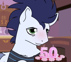 Size: 1596x1394 | Tagged: safe, artist:tamers12345, soarin', pegasus, pony, my little pony the movie: soarin & braeburn, g4, birthday, birthday candles, blushing, cake, clothes, food, indoors, questionable source, shirt, solo