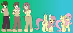 Size: 4160x1904 | Tagged: dead source, safe, artist:bersie1119, fluttershy, butterfly, human, pegasus, pony, g4, female, gradient background, high res, human male, human to pony, jewelry, magic, male, male to female, mare, no pupils, pendant, raised hoof, spread wings, transformation, transformation sequence, transgender transformation, wings