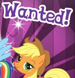 Size: 254x262 | Tagged: safe, gameloft, applejack, rainbow dash, earth pony, pegasus, pony, g4, applejack's hat, cowboy hat, cropped, english, female, hat, looking at you, mare, meme, solo focus, stock vector, text, wanted, wings, wow! glimmer