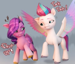 Size: 1118x959 | Tagged: safe, artist:makaryo, pipp petals, zipp storm, pegasus, pony, g5, 3d, dialogue, duo, duo female, emanata, female, gradient background, mare, royal sisters (g5), siblings, sisters, spread wings, wings