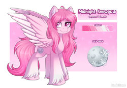 Size: 6000x4147 | Tagged: safe, artist:madelinne, oc, oc:midnight snowpaw, pegasus, commission, cutie mark, female, long hair, mare, passepartout, pegasus oc, pink body, pink eyes, pink mane, reference sheet, solo