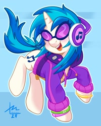 Size: 1638x2048 | Tagged: safe, artist:erieillustrates, dj pon-3, vinyl scratch, pony, unicorn, g4, clothes, cute, female, happy, headphones, horn, jacket, mare, open mouth, open smile, smiling, solo, vinylbetes