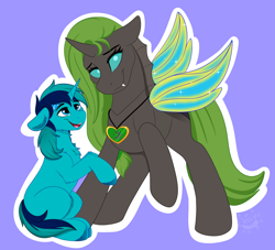 Size: 4037x3669 | Tagged: safe, artist:decemberbreeze, oc, oc only, oc:rocky blues, changeling, pony, unicorn, aunt and nephew, changeling oc, commissioner:legionofblues, green changeling, holeless, horn, unicorn oc