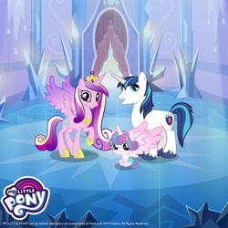 Size: 1080x1080 | Tagged: safe, gameloft, princess cadance, princess flurry heart, shining armor, alicorn, pony, unicorn, g4, female, height difference, horn, indoors, large wings, male, mare, physique difference, slender, spread wings, stallion, thin, wings