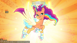 Size: 1920x1080 | Tagged: safe, sunny starscout, alicorn, pony, g5, got to trot, my little pony: tell your tale, leak, spoiler:g5, spoiler:my little pony: tell your tale, spoiler:tyts02e24, abstract background, alternate hairstyle, ballerina, beautiful, clothed ponies, competition, concave belly, female, floating, lidded eyes, mane stripe sunny, mare, race swap, raised hoof, roller skates, rollerblades, skates, slender, smiling, smirk, solo, spread wings, sunnycorn, tail, thin, windswept tail, wings