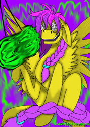 Size: 850x1191 | Tagged: safe, artist:sharpteethstudios, oc, oc only, pegasus, pony, hipnotized, mind control, plats, sitting, solo, spread wings, swirly eyes, wingboner, wings