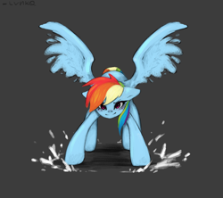 Size: 1800x1600 | Tagged: safe, artist:lunciafnafpl, rainbow dash, pegasus, pony, g4, female, floppy ears, gray background, looking at you, mare, simple background, smiling, smiling at you, solo, spread wings, wings