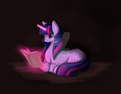 Size: 1280x994 | Tagged: safe, artist:lunciafnafpl, twilight sparkle, pony, unicorn, g4, book, brown background, deviantart watermark, female, glowing, glowing horn, horn, levitation, lying down, magic, mare, obtrusive watermark, ponyloaf, prone, reading, simple background, solo, telekinesis, unicorn twilight, watermark