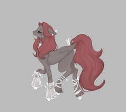 Size: 1800x1600 | Tagged: safe, artist:lunciafnafpl, oc, oc:blair, pegasus, pony, bow, choker, ear piercing, earring, eyes closed, female, floppy ears, gray background, jewelry, leg wraps, mare, piercing, profile, simple background, solo, standing on two hooves, tail, tail bow, unshorn fetlocks