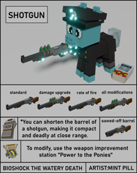 Size: 3480x4427 | Tagged: safe, artist:mint pill, oc, oc only, oc:leaden sky, pony, unicorn, bioshock pony (mint pill), development, gun, horn, magic, solo, telekinesis, weapon