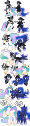 Size: 2400x10000 | Tagged: safe, artist:virmir, princess celestia, princess luna, oc, oc:lucile, oc:virmir, alicorn, pony, g4, absurd resolution, annoyed, duo, female, furry, furry to pony, royal sisters, siblings, simple background, sisters, speech bubble, transformation, transformation sequence, transparent background