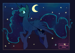 Size: 1503x1058 | Tagged: safe, artist:spookydragondraws, princess luna, alicorn, pony, g4, crescent moon, female, mare, moon, night, passepartout, profile, smiling, solo, stars