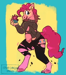 Size: 640x729 | Tagged: safe, artist:spookydragondraws, pinkie pie, earth pony, human, pony, g4, clothes, cupcake, female, food, holding, human to pony, mid-transformation, open mouth, smiling, solo, torn clothes, transformation