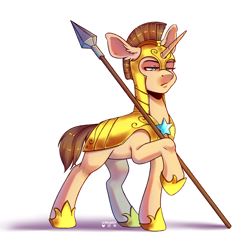 Size: 2000x2000 | Tagged: safe, artist:ak4neh, oc, oc only, oc:curious heart, pony, unicorn, armor, blue eyes, brown mane, commission, ear fluff, female, guardsmare, horn, mare, resting bitch face, royal guard, simple background, solo, spear, tan coat, weapon, white background