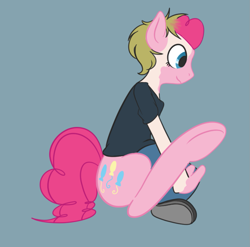 Size: 1215x1199 | Tagged: safe, artist:ashburncat, pinkie pie, earth pony, human, pony, g4, clothes, human to pony, mid-transformation, profile, simple background, sitting, solo, transformation