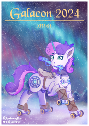 Size: 2024x2862 | Tagged: safe, alternate version, artist:autumnsfur, sweetie belle, oc, oc only, oc:sweetie bot 2560, pony, robot, robot pony, unicorn, galacon, accessory, auction, aurora borealis, broken, bubble gun, clothes, commission, detailed background, female, full body, galacon 2024, green eyes, horn, led, mare, mountain, night, night sky, outdoors, pink mane, poster, purple mane, raised hoof, sky, snow, solo, stars, sweetie bot, tail, viking, wheel, white coat, wires