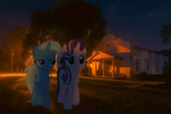 Size: 735x490 | Tagged: safe, artist:aurora_gl1mmer, starlight glimmer, trixie, pony, unicorn, g4, duo, horn, irl, night, outdoors, photo, real life background, walking