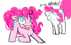 Size: 1600x1021 | Tagged: safe, artist:honkinghighblood, pinkie pie, earth pony, pony, g4, big eyes, crying, dialogue, female, mare, open mouth, open smile, smiling, snot, solo, talking