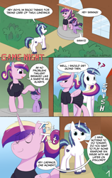 Size: 2400x3800 | Tagged: safe, artist:single purpose, princess cadance, shining armor, twilight sparkle, unicorn, comic:game night, g4, bow, comic, eyes closed, female, filly, filly twilight sparkle, foal, horn, outdoors, seduction, tail, tail seduce, teen princess cadance, younger