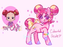 Size: 2048x1536 | Tagged: safe, artist:sonira24, earth pony, pony, :d, anime, bead bracelet, blushing, bow, doremi harukaze, dorie goodwyn, double buns, female, filly, foal, full body, heart, heart eyes, ojamajo doremi, open mouth, open smile, pink background, ponified, raised hoof, reference used, simple background, smiling, solo, sparkles, tail, tail bow, text, wingding eyes