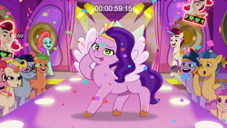 Size: 1920x1080 | Tagged: safe, screencap, grassy hills, jazz hooves, lemon gear, molly blossom, paisley bluebell, pipp petals, rocky riff, sundae (g5), windy, earth pony, pegasus, pony, unicorn, g5, got to trot, my little pony: tell your tale, leak, spoiler:g5, spoiler:my little pony: tell your tale, spoiler:tyts02e24, :p, catwalk, confetti, horn, indoors, looking at you, male, mane melody (location), pipp petals is best facemaker, silly face, stallion, starry eyes, timer, tongue out, wingding eyes