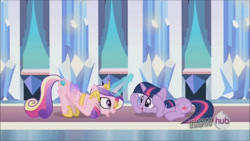 Size: 1280x720 | Tagged: safe, screencap, princess cadance, twilight sparkle, alicorn, pony, unicorn, g4, my little pony: friendship is magic, the crystal empire, concave belly, duo, female, hub logo, indoors, logo, sisters-in-law, slender, sunshine sunshine, the hub, thin, unicorn twilight