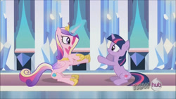 Size: 1280x720 | Tagged: safe, screencap, princess cadance, twilight sparkle, alicorn, pony, unicorn, g4, my little pony: friendship is magic, the crystal empire, concave belly, duo, female, hub logo, indoors, logo, sisters-in-law, slender, sunshine sunshine, the hub, thin, unicorn twilight