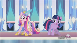 Size: 1280x720 | Tagged: safe, screencap, princess cadance, twilight sparkle, alicorn, pony, unicorn, g4, my little pony: friendship is magic, the crystal empire, duo, female, hub logo, indoors, logo, sisters-in-law, sunshine sunshine, the hub, unicorn twilight