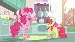 Size: 1160x648 | Tagged: safe, artist:critterflash, apple bloom, pinkie pie, earth pony, pony, call of the cutie, g4, my little pony: friendship is magic, :d, bipedal, bow, chef's hat, eyes closed, female, filly, foal, full body, hair bow, hat, indoors, kitchen, mare, open mouth, open smile, raised hoof, scene interpretation, smiling, text