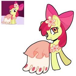 Size: 2000x2000 | Tagged: safe, artist:ponemeu88, apple bloom, earth pony, pony, g4, adorabloom, bow, clothes, cute, dress, female, filly, flower, flower in hair, foal, full body, grin, hair bow, looking at you, reference used, screencap reference, simple background, smiling, solo, white background