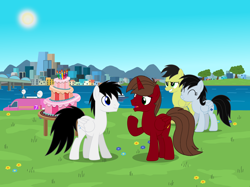 Size: 10000x7468 | Tagged: safe, artist:rogan140, oc, oc:chloe park, oc:rogan, oc:sadie park, oc:shane park, pegasus, pony, female, male, outdoors, pegasus oc, stallion