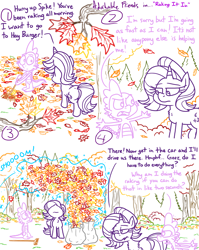 Size: 4779x6013 | Tagged: safe, artist:adorkabletwilightandfriends, spike, starlight glimmer, comic:adorkable twilight and friends, g4, adorkable, adorkable friends, angry, autumn, autumn leaves, blurry, blurry background, butt, colorful, comic, cute, dork, falling leaves, forest, glimmer glutes, high angle, leaves, nature, outdoors, perspective, plot, rake, raking, sad, scenery, slice of life, teasing, tree, upset