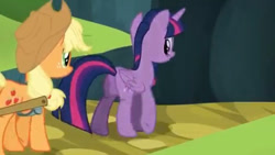 Size: 469x264 | Tagged: safe, screencap, applejack, twilight sparkle, alicorn, earth pony, pony, g4, my little pony: friendship is magic, trade ya!, cropped, duo, duo female, female, outdoors, twilight sparkle (alicorn), twilight sparkle's genital censorship, walking