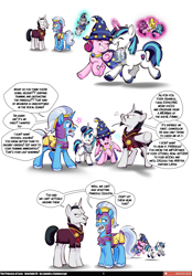 Size: 3168x4558 | Tagged: safe, artist:caninecrypt, artist:lummh, adagio dazzle, aria blaze, chancellor neighsay, princess cadance, shining armor, sonata dusk, star swirl the bearded, oc, alicorn, pony, siren, unicorn, comic:the princess of love, g4, clothes, comic, cosplay, costume, doll, emanata, facial hair, female, goatee, horn, jerk, levitation, magic, male, mare, moustache, royal guard, speech bubble, stallion, teen princess cadance, teenage shining armor, teenager, telekinesis, the dazzlings, toy, younger