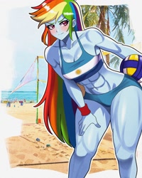 Size: 1024x1280 | Tagged: safe, artist:masterdestroyzj, rainbow dash, human, equestria girls, g4, 2d, abs, argentina, beach, bikini, blushing, breasts, cleavage, clothes, determined, determined look, female, flag bikini, leaning forward, multicolored hair, muscles, muscular female, ocean, outdoors, outline, palm tree, rainbow hair, rainbuff dash, sand, shorts, sleeveless, smiling, solo, sports, sports bra, sports shorts, swimsuit, tree, volleyball, water, white outline, wristband