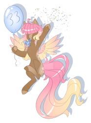 Size: 1024x1379 | Tagged: safe, artist:furtoodie, oc, oc:sundae morning, pegasus, pony, balloon, belly, concave belly, deviantart watermark, female, mare, obtrusive watermark, party horn, solo, thin, watermark