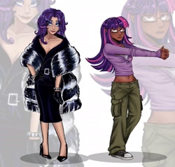 Size: 2200x2100 | Tagged: safe, artist:slapearl, rarity, twilight sparkle, human, g4, alternate hairstyle, belly, belly button, belt, bracelet, clothes, converse, dark skin, dress, duo, duo female, ear piercing, earring, eyeshadow, female, fur coat, glasses, gloves, high heels, humanized, jewelry, lesbian, lips, makeup, midriff, pants, piercing, ship:rarilight, shipping, shirt, shoes, sneakers, zoom layer