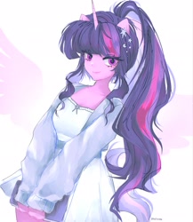 Size: 1776x2048 | Tagged: safe, artist:petaltwinkle, twilight sparkle, anthro, g4, clothes, horn, horned anthro, looking at you, ponytail, solo, winged anthro, wings