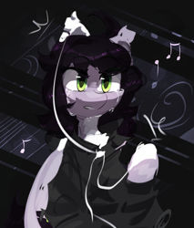 Size: 2550x3000 | Tagged: safe, artist:pakmur, oc, oc only, bat pony, pony, abstract background, clothes, crying, headphones, hoodie, looking away, music, solo