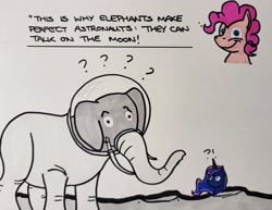 Size: 2047x1578 | Tagged: safe, artist:hoofclid, pinkie pie, princess luna, alicorn, earth pony, elephant, pony, g4, exclamation point, interrobang, looking at you, marker drawing, moon, question mark, smiling, smiling at you, space, spacesuit, traditional art