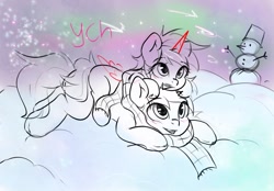 Size: 1280x889 | Tagged: safe, artist:kristina, oc, alicorn, earth pony, pegasus, pony, unicorn, commission, couple, duo, horn, hug, outdoors, snow, ych example, your character here